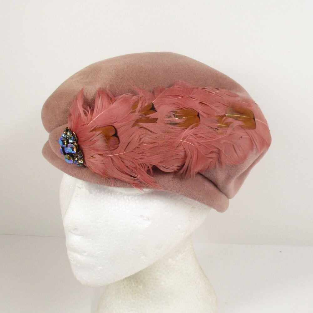 Vintage 1940's - 50's Pink Pillbox Hat Woman's Feathers & Brotch Chevalier Italy